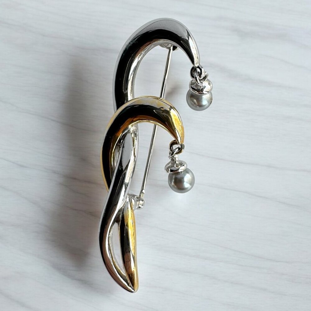 Gold and Silver Tone Metal Nina Ricci Brooch Dangling Grey Pearls